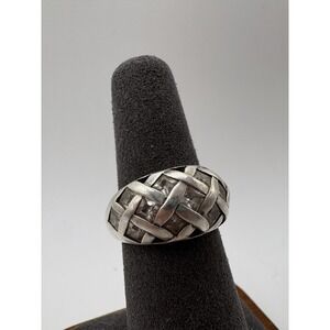 Sterling Silver 925 Wide Woven Band Ring Clear Stones Basket Weave Size 6